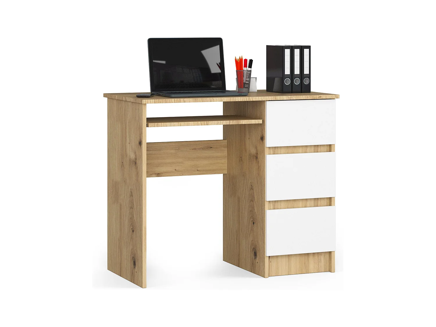 Bureau d'ordinateur AKORD droit A6 Chêne Artisan 90 cm 3 tiroirs façade Blanche 1 étagère 90x50x77 cm
