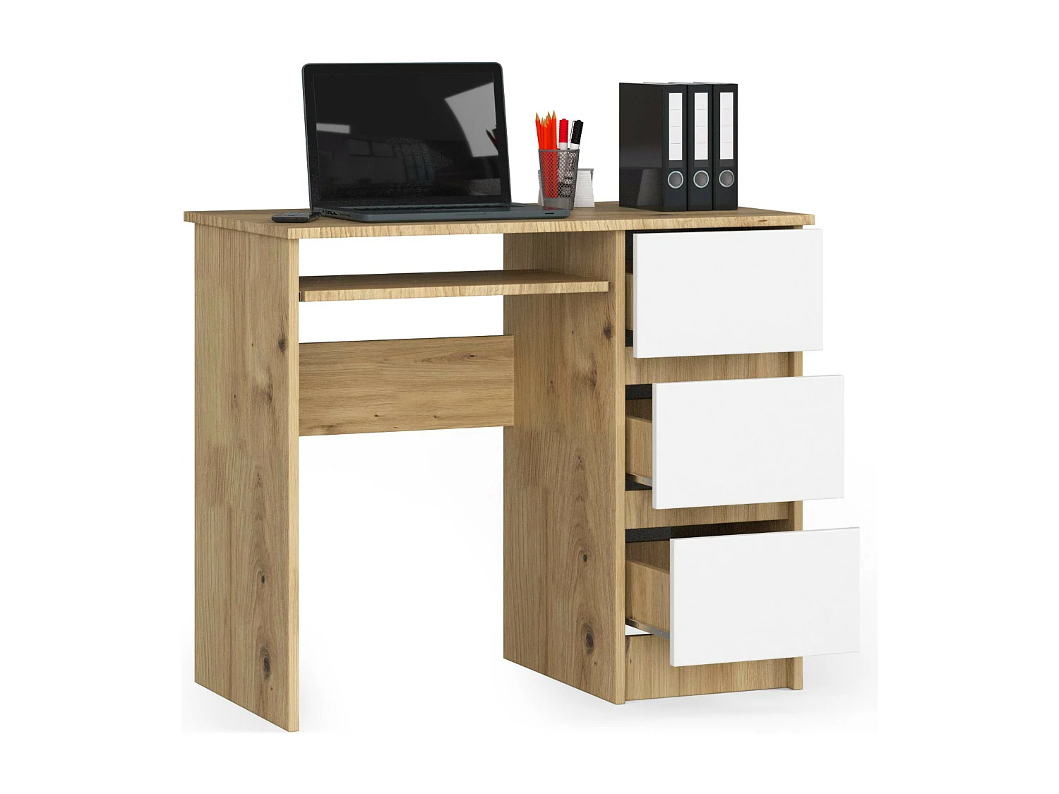 Bureau A-6 Rechthoekig Artisan Eik/Mat Wit met 3 Laden en Uittrekbare Toetsenbordlade