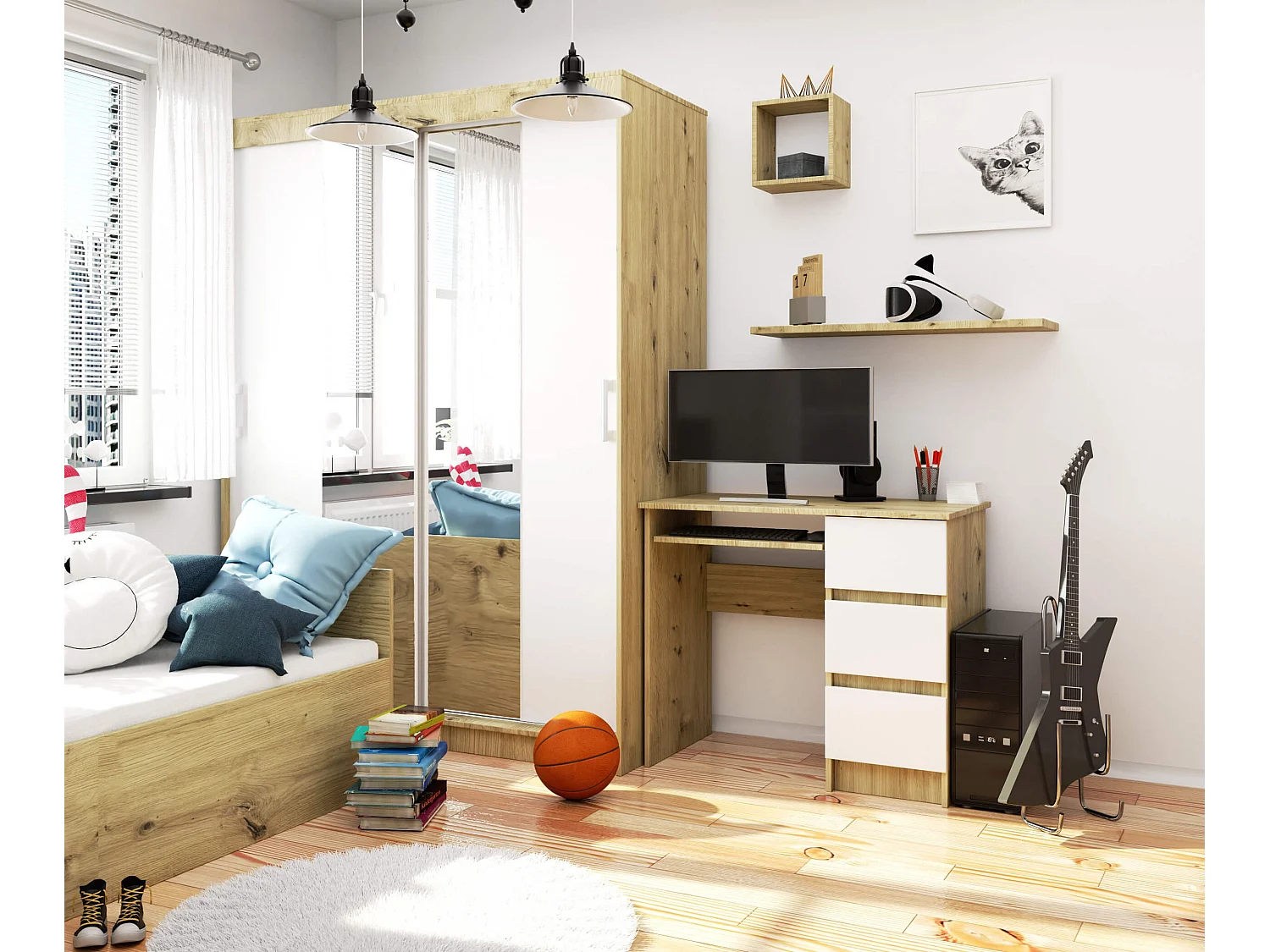 Bureau A-6 Rechthoekig Artisan Eik/Mat Wit met 3 Laden en Uittrekbare Toetsenbordlade