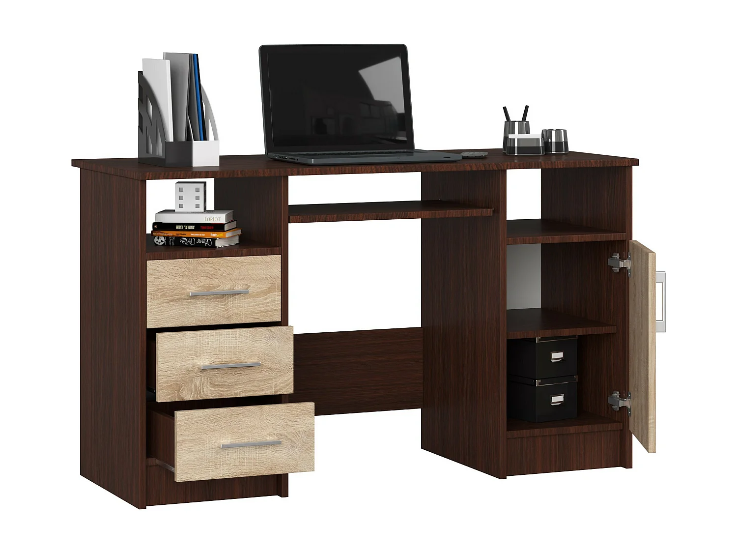 Bureau d'ordinateur AKORD ANA Wengé 124 cm 1 porte 3 tiroirs façade Chêne Sonoma 5 étagères 124x52x74 cm
