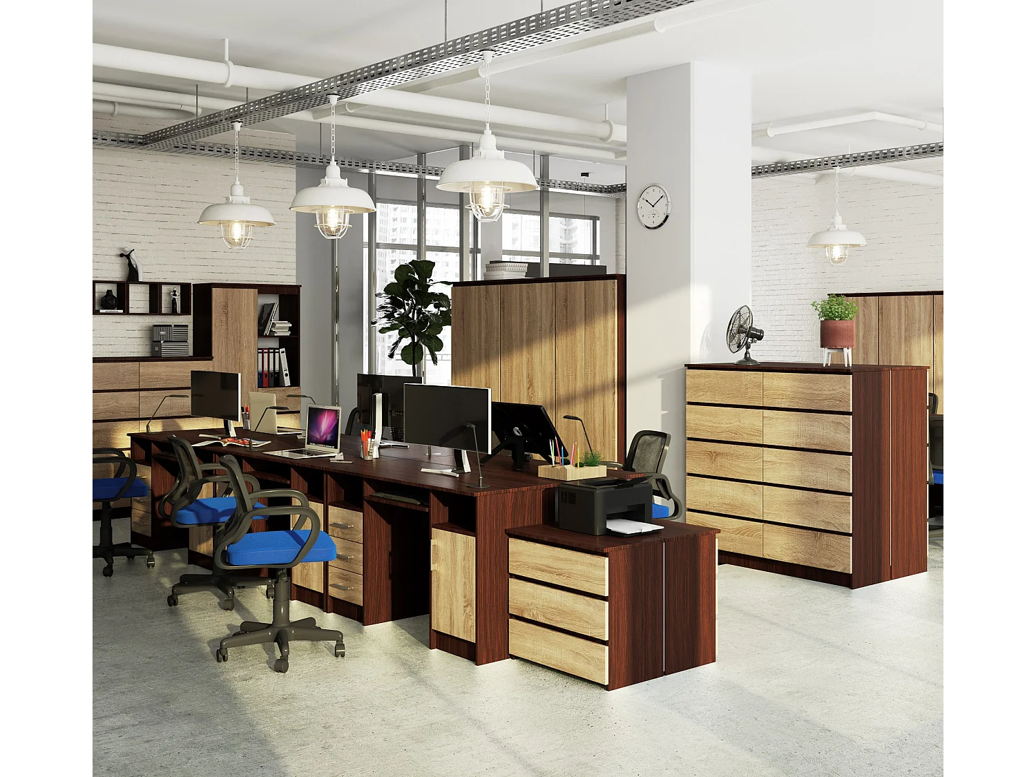 Bureau d'ordinateur AKORD ANA Wengé 124 cm 1 porte 3 tiroirs façade Chêne Sonoma 5 étagères 124x52x74 cm