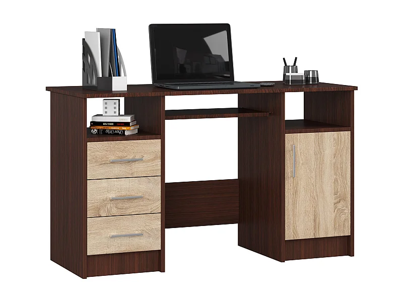 PC-Schreibtisch AKORD ANA in der Farbe Wenge mit 3 Schubladen Front Sonoma-Eiche und 5 Ablagen B124 x H74 x T52 cm
