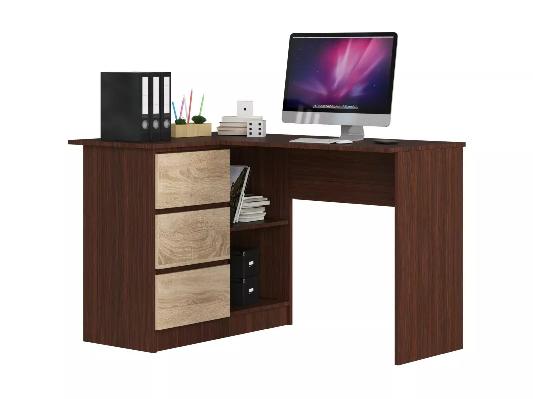 Kauf Unique Eck-Schreibtisch AKORD B16 links in der Farbe Wenge mit 3 Schubladen Front Sonoma-Eiche und 2 Ablagen B124 x H77 x T85 cm