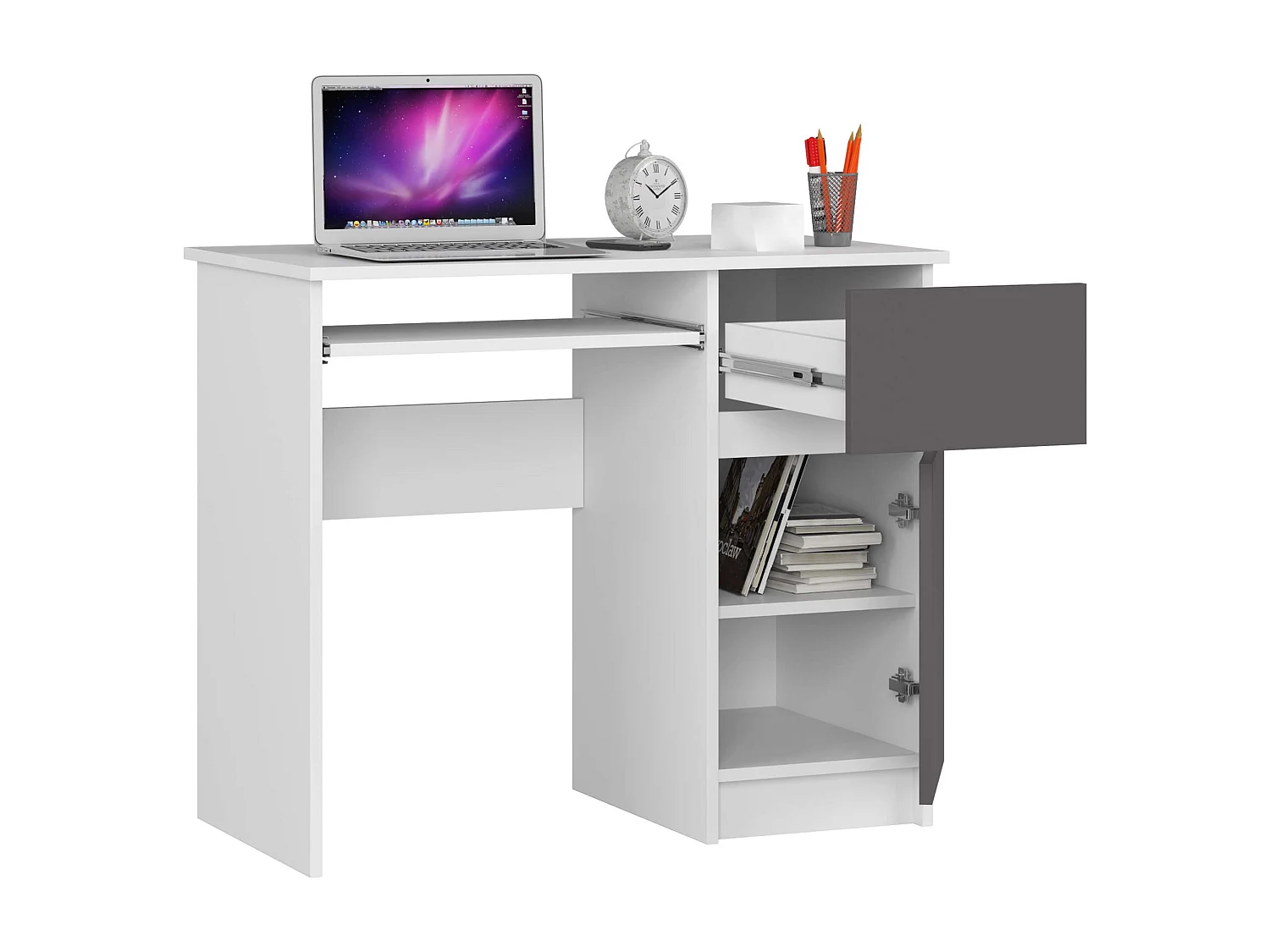 PC-Schreibtisch AKORD PIKSEL rechts in der Farbe Weiß Schublade Front Graphitgrau und 3 Ablagen B90 x H77 x T50 cm