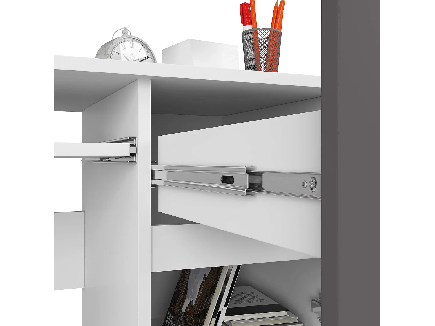 PC-Schreibtisch AKORD PIKSEL rechts in der Farbe Weiß Schublade Front Graphitgrau und 3 Ablagen B90 x H77 x T50 cm