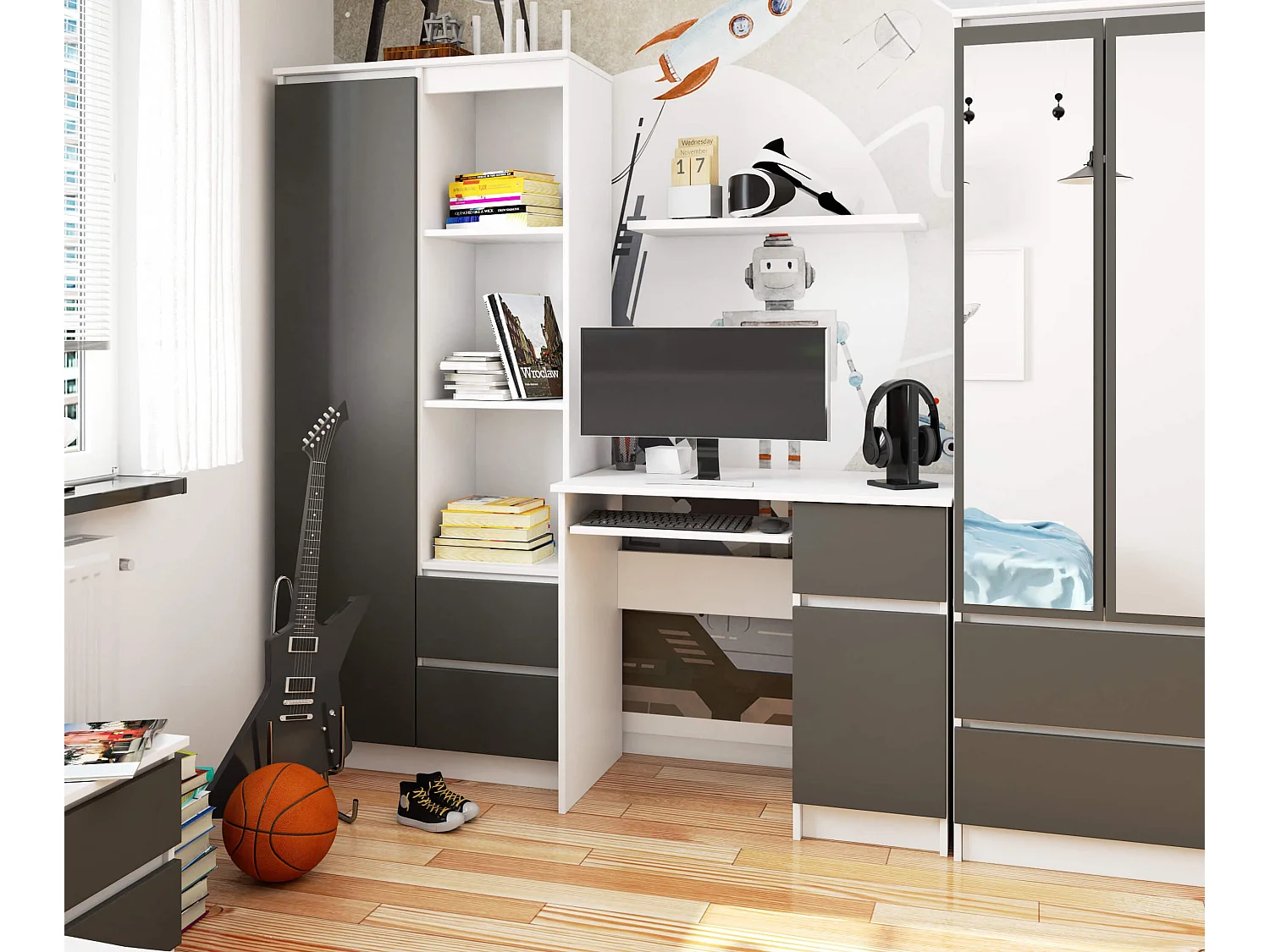 Bureau d'ordinateur AKORD droit PIKSEL Blanc 90 cm 1 porte 1 tiroir façade Gris Graphite 3 étagères 90x50x77 cm