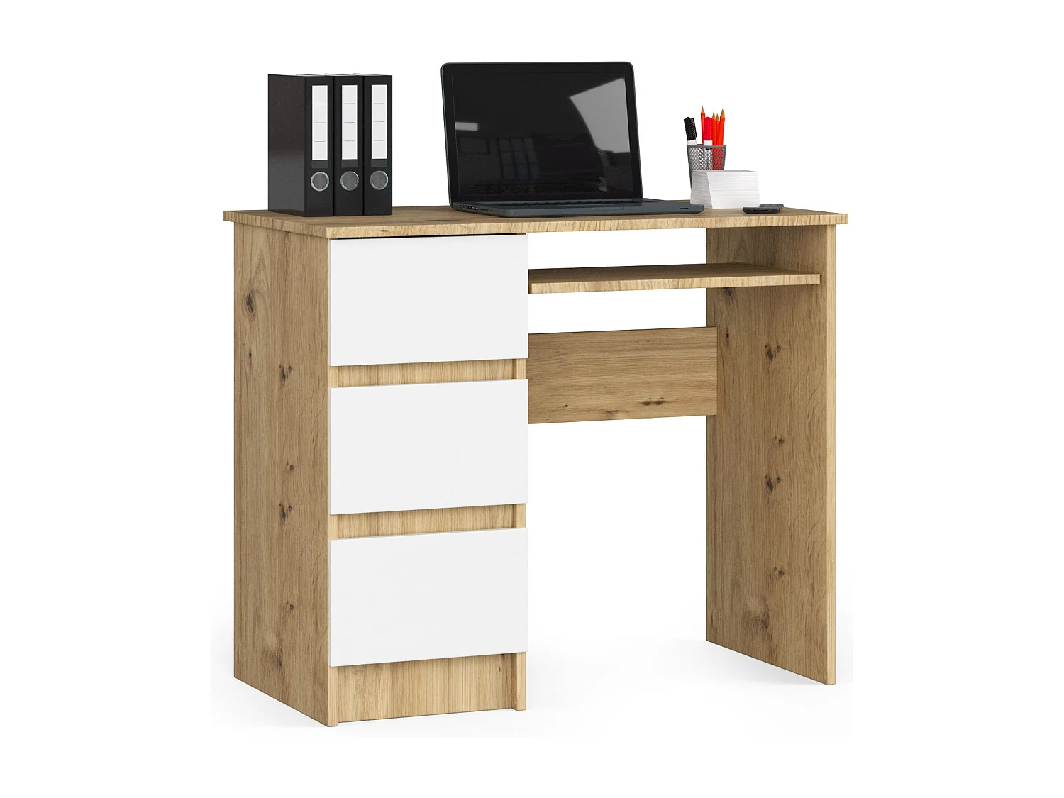 Schrijfhoek Artisan Eik/Bianco Linkszijdig 90cm - Functioneel Design met 3 Lades en Toetsenbordlade