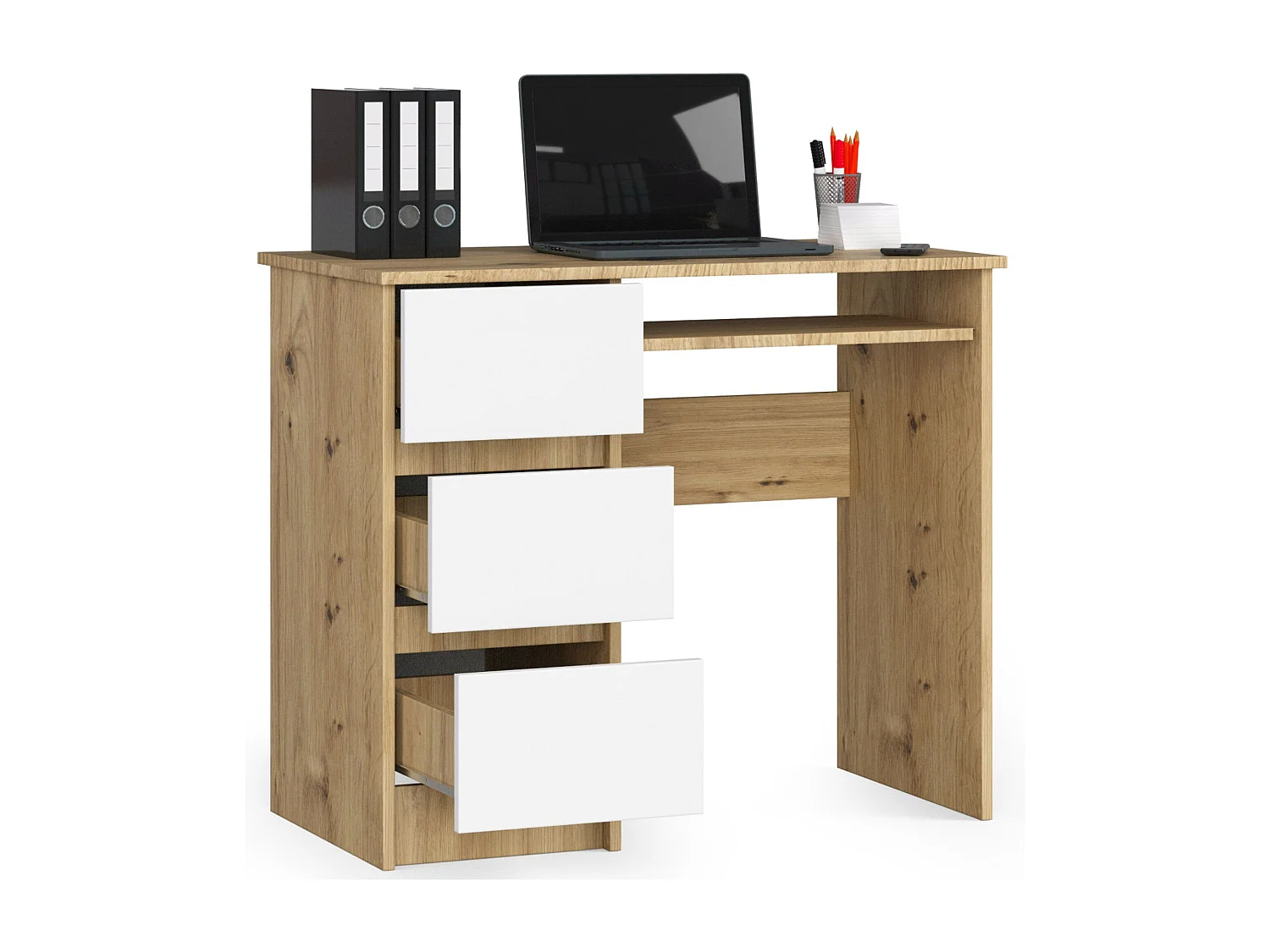 Bureau d'ordinateur AKORD gauche A6 Chêne Artisan 90 cm 3 tiroirs façade Blanche 1 étagère 90x50x77 cm