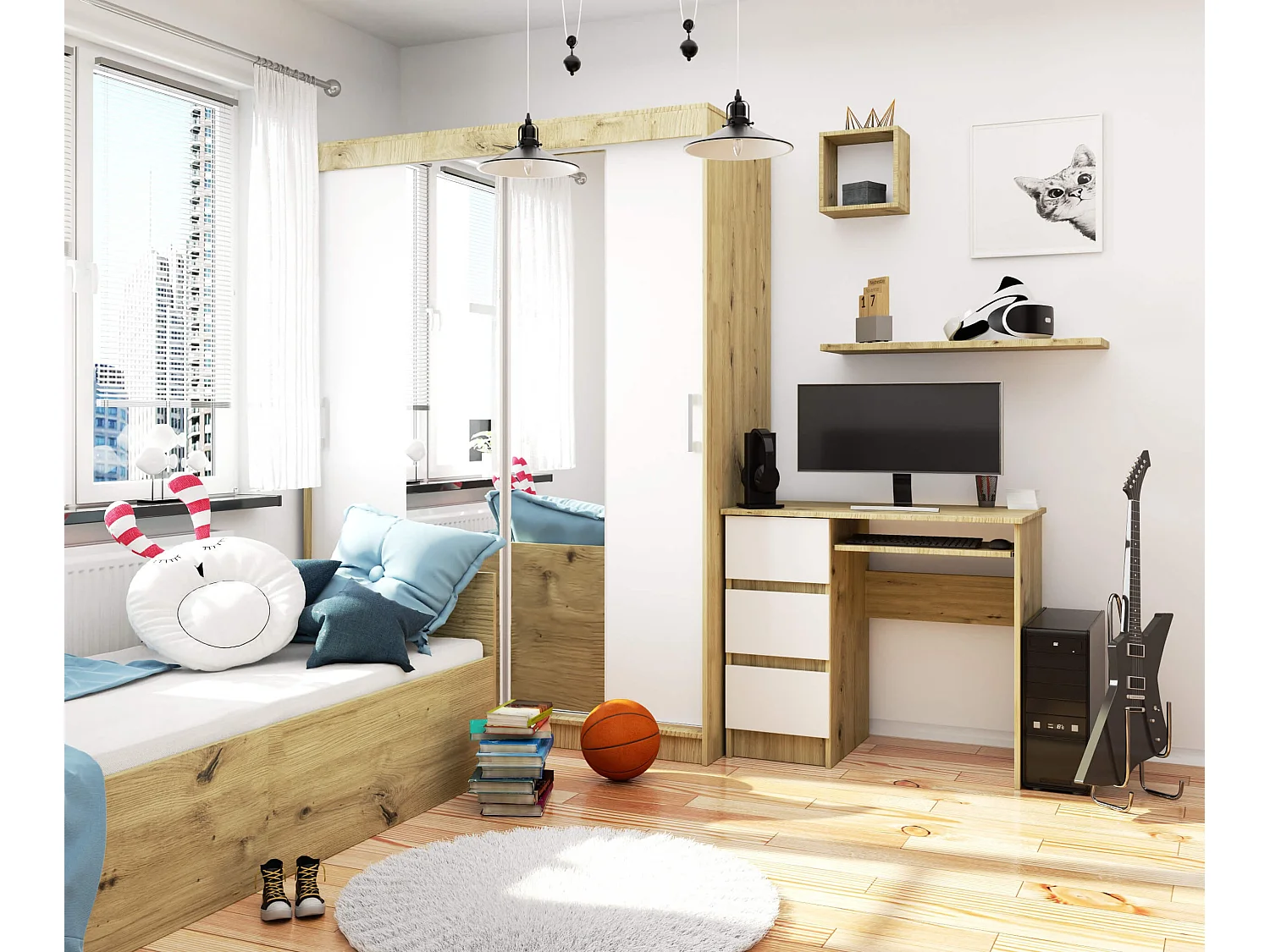 Bureau d'ordinateur AKORD gauche A6 Chêne Artisan 90 cm 3 tiroirs façade Blanche 1 étagère 90x50x77 cm