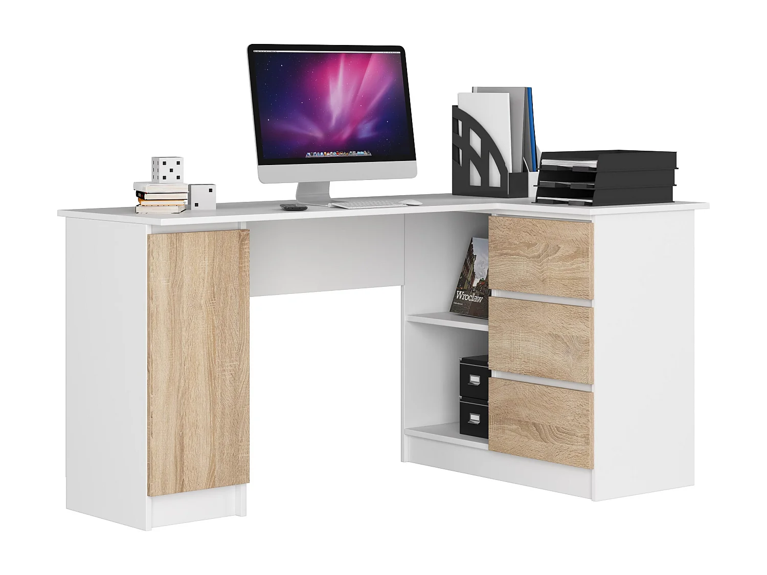 Hoekbureau B20 Rechts Biały/Dąb Sonoma Met Laden en Kast 155x77x85 cm