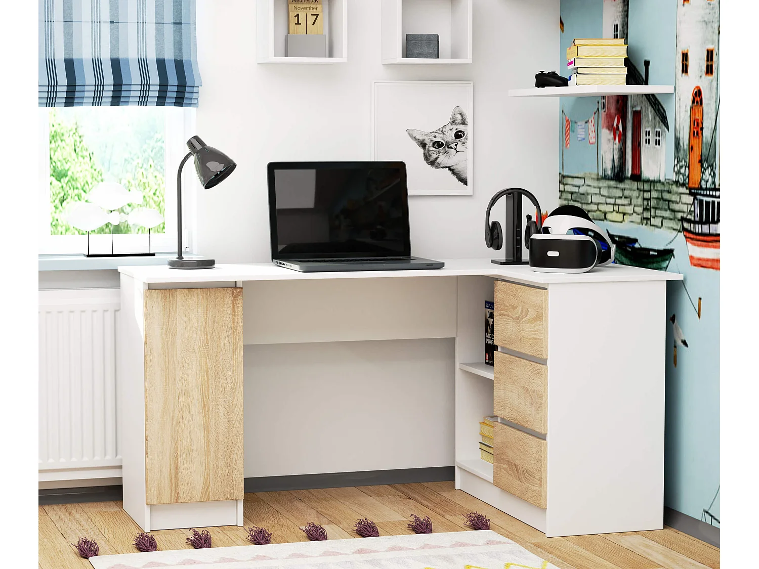 Hoekbureau B20 Rechts Biały/Dąb Sonoma Met Laden en Kast 155x77x85 cm