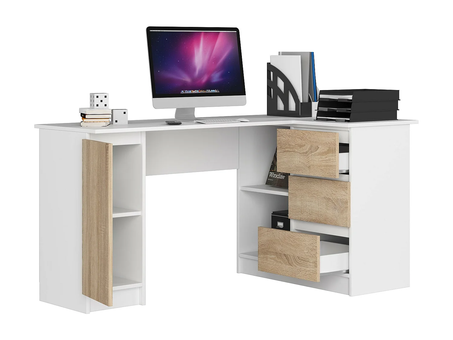 Hoekbureau Rechts B20 / Computerbureau / Computer Tafel / Bureautafel Rechts / Wit – Sonoma Eik / 155 x 77 x 85 cm