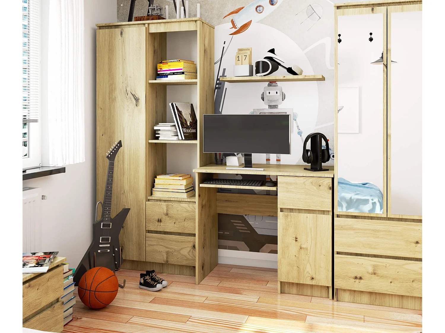 Bureau d'ordinateur AKORD droit PIKSEL Chêne Artisan 90 cm 1 porte 1 tiroir façade Chêne Artisan 3 étagères 90x50x77 cm