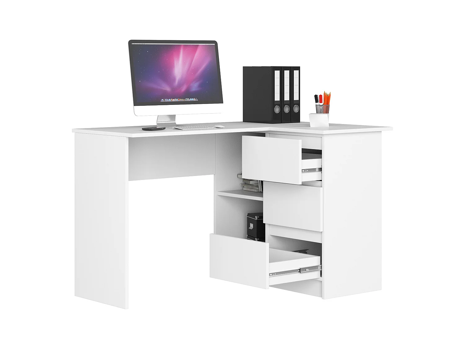 Eck-Schreibtisch AKORD B16 rechts in der Farbe Weiß mit 3 Schubladen und 2 Ablagen B124 x H77 x T85 cm