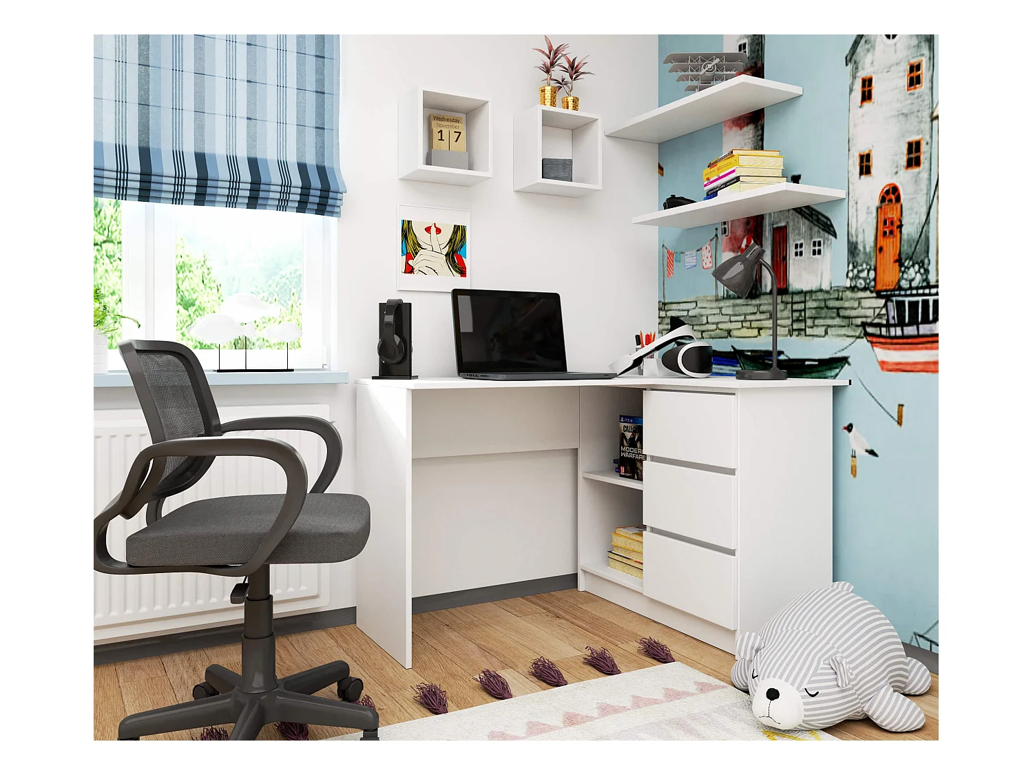 Eck-Schreibtisch AKORD B16 rechts in der Farbe Weiß mit 3 Schubladen und 2 Ablagen B124 x H77 x T85 cm