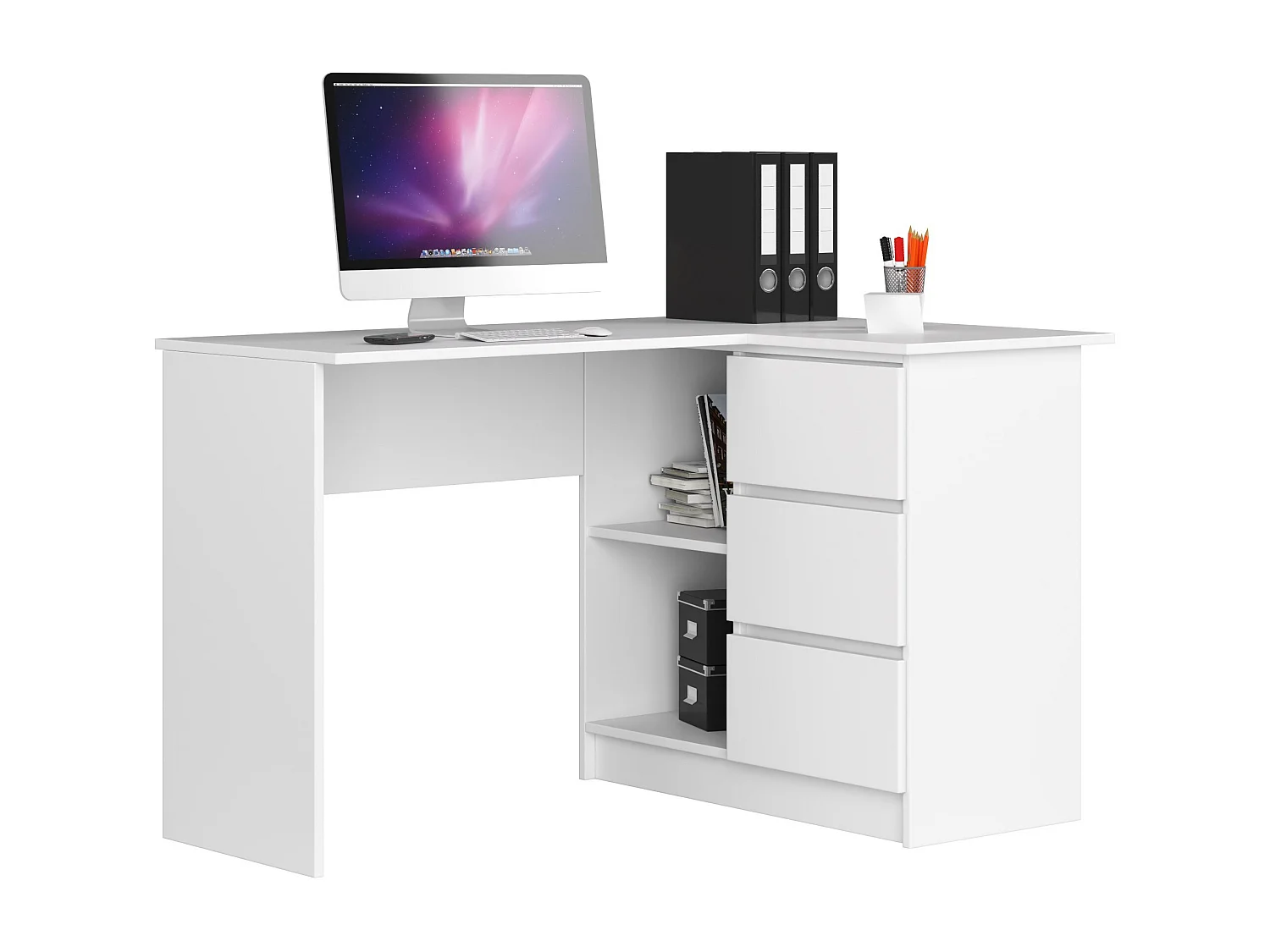 Bureau AKORD d'angle droit B16 Blanc 124 cm 3 tiroirs façade Blanche 2 étagères 124x85x77 cm