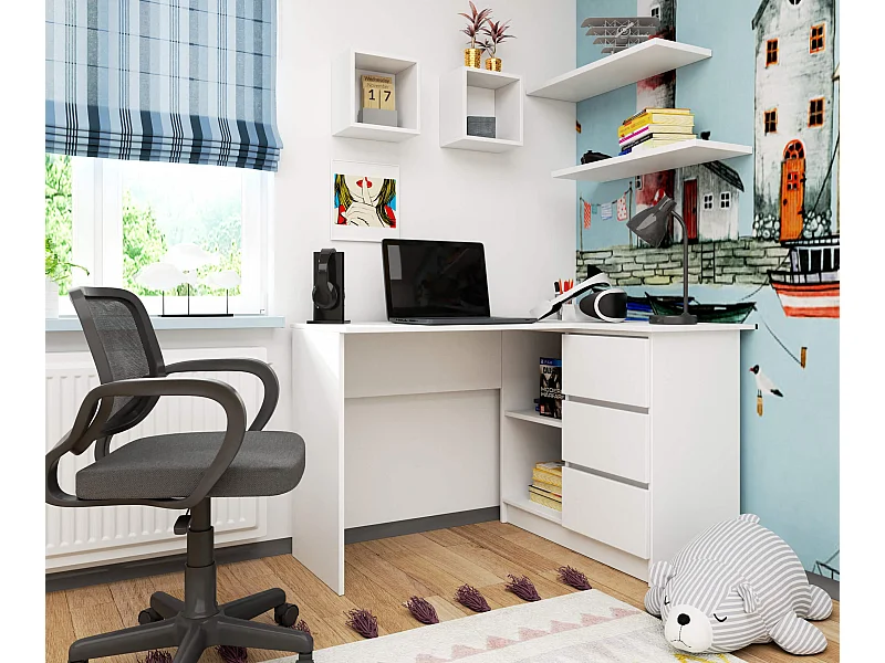 Wit Stijlvolle Hoekbureau B16 | 124cm | 3 Lades | Mat Wit | Zelfmontage