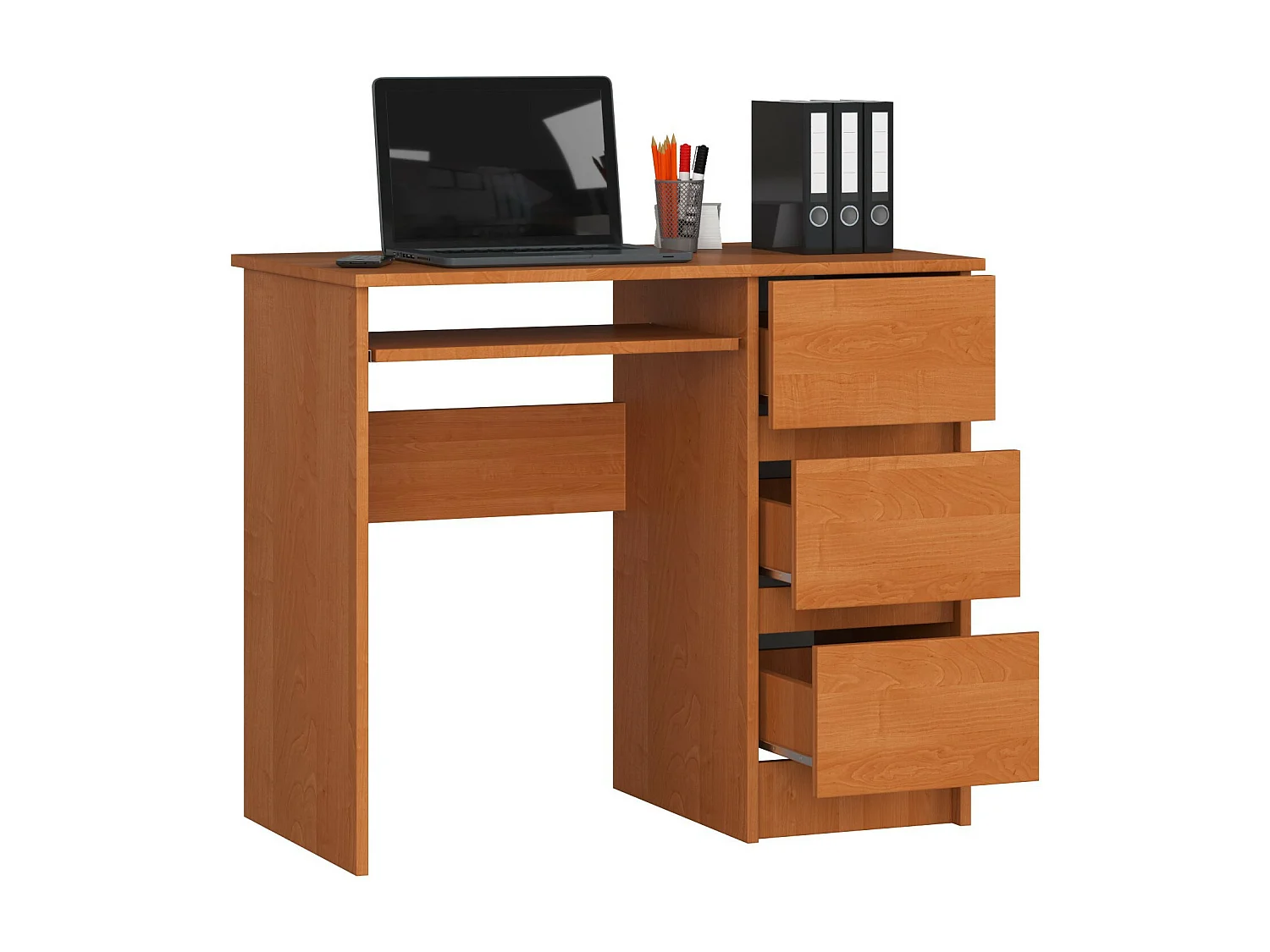 Bureau d'ordinateur AKORD droit A6 Aulne 90 cm 3 tiroirs façade Aulne 1 étagère 90x50x77 cm