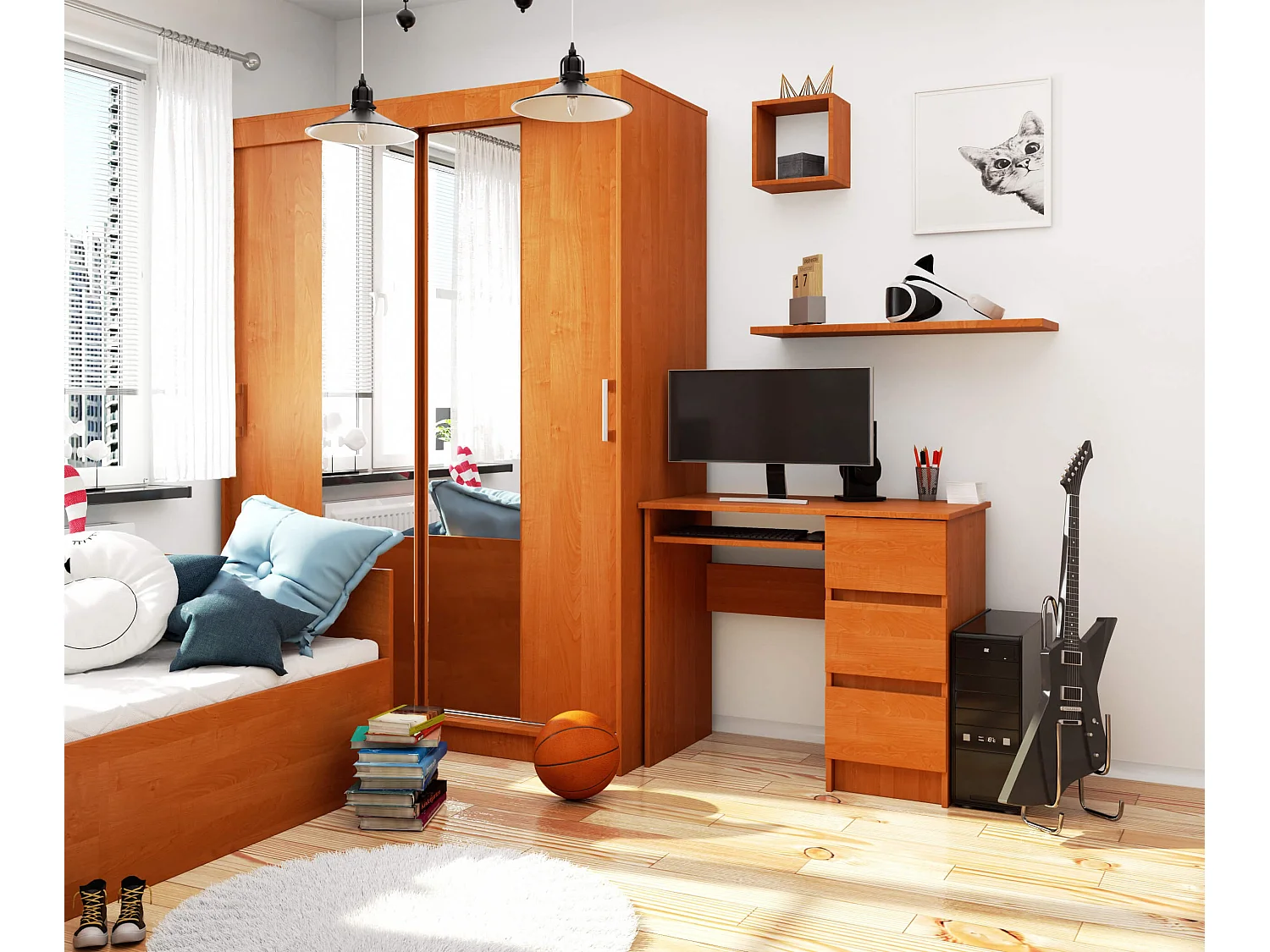 Bureau d'ordinateur AKORD droit A6 Aulne 90 cm 3 tiroirs façade Aulne 1 étagère 90x50x77 cm