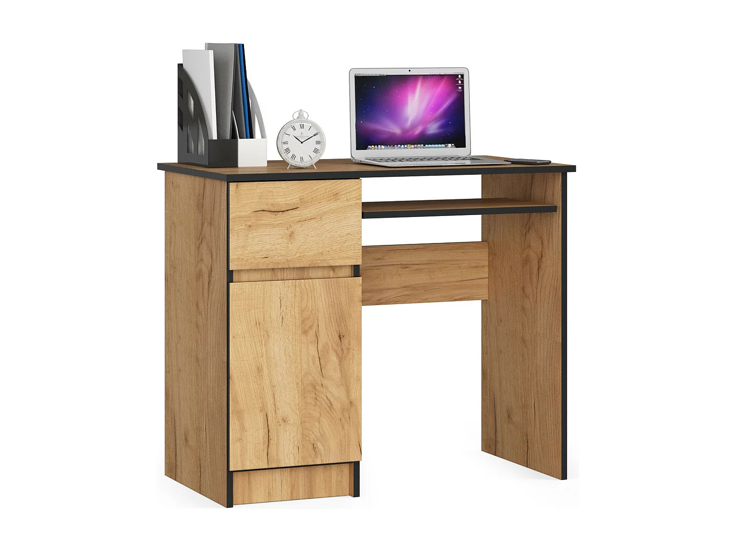 Bureau d'ordinateur AKORD gauche PIKSEL Chêne Craft 90 cm 1 porte 1 tiroir façade Chêne Craft 3 étagères 90x50x77 cm