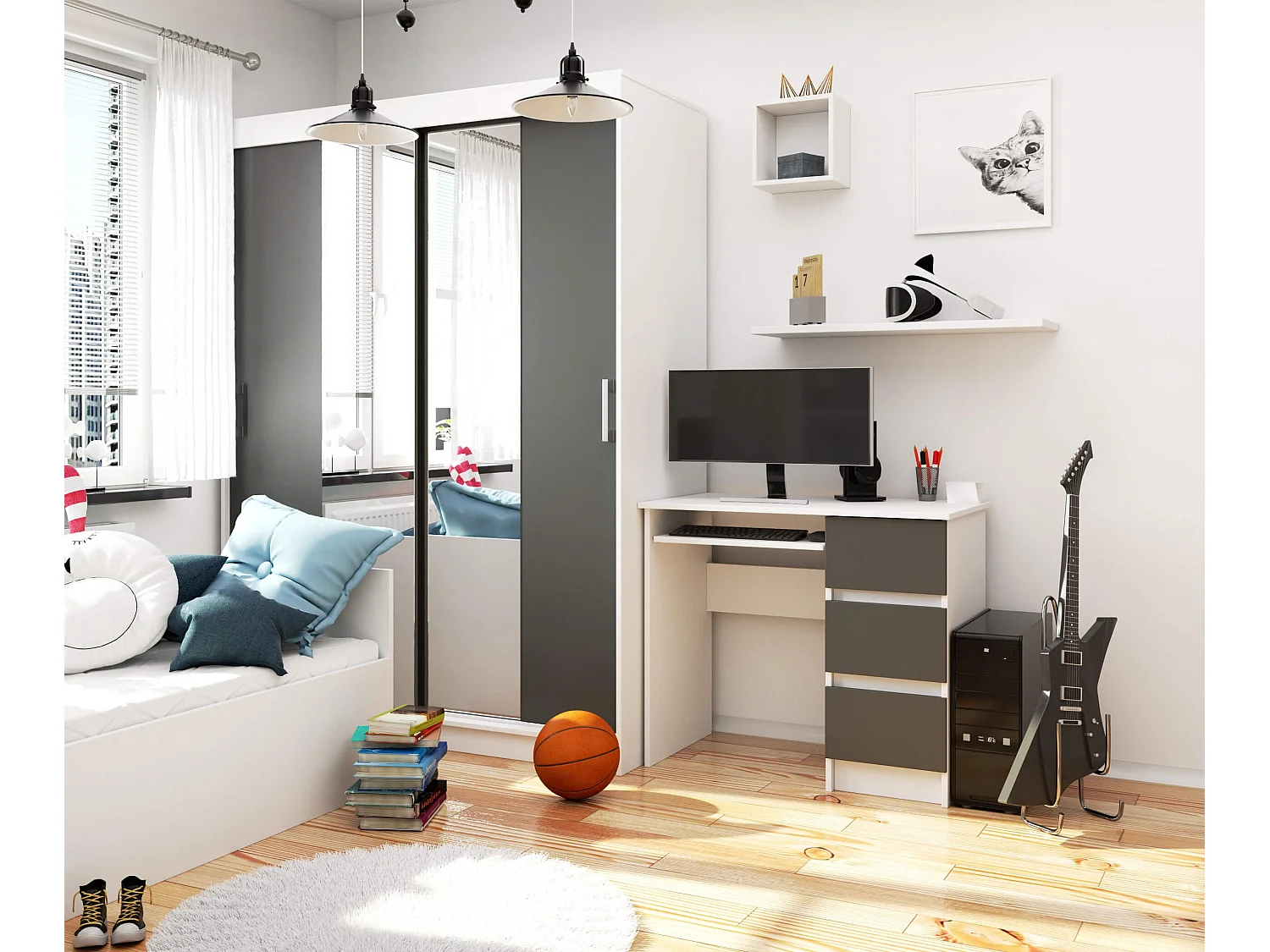 Biurko komputerowe AKORD A6 Białe 90 cm prawe 3 szuflady kolor Grafit Szary mat 1 półka 90x50x77 cm