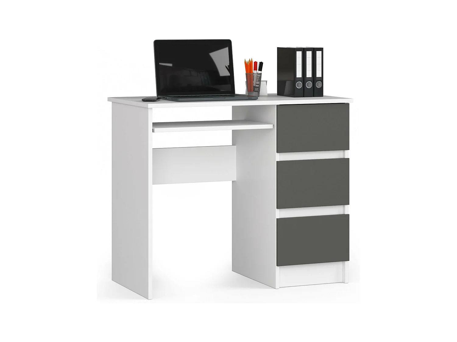 Bureau d'ordinateur AKORD droit A6 Blanc 90 cm 3 tiroirs façade Gris Graphite 1 étagère 90x50x77 cm