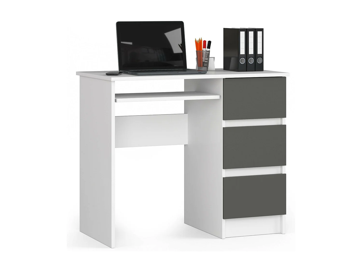 Rechts Computerdek 90cm met Witte en Grafietgrijze Afwerking - 3 Lades, Pro Design met Uitschuifbaar Toetsenbordplateau, Zelfmontage