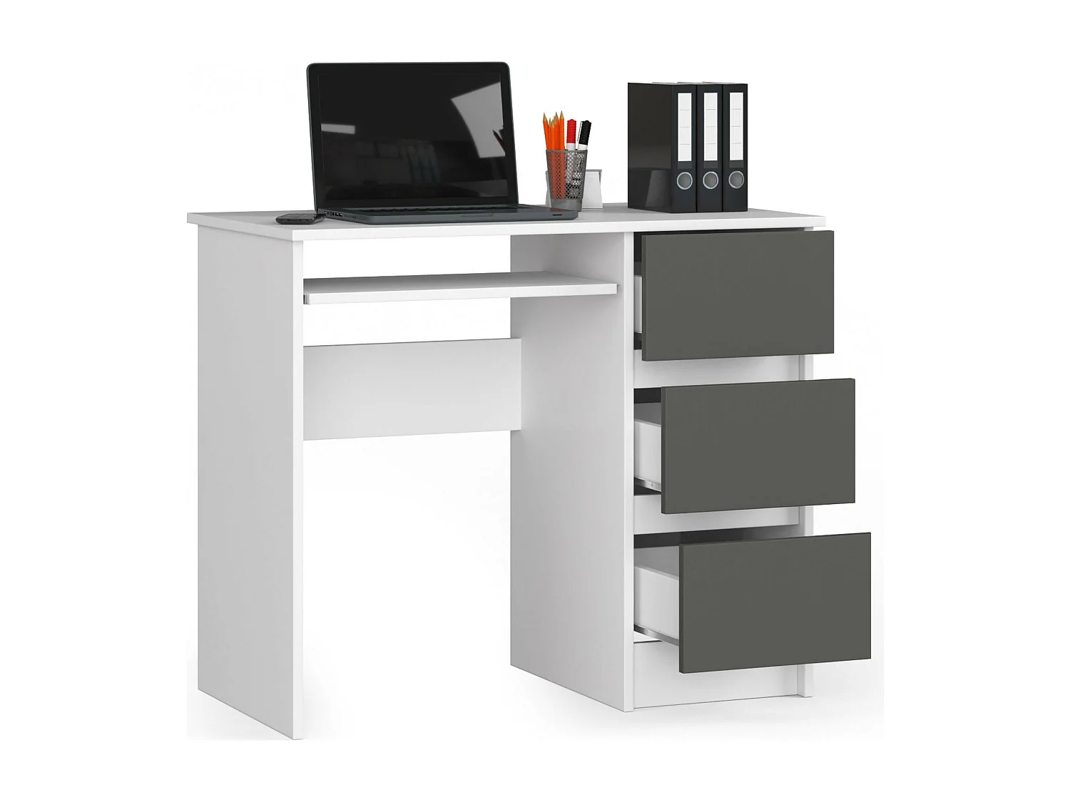 Rechts Computerdek 90cm met Witte en Grafietgrijze Afwerking - 3 Lades, Pro Design met Uitschuifbaar Toetsenbordplateau, Zelfmontage