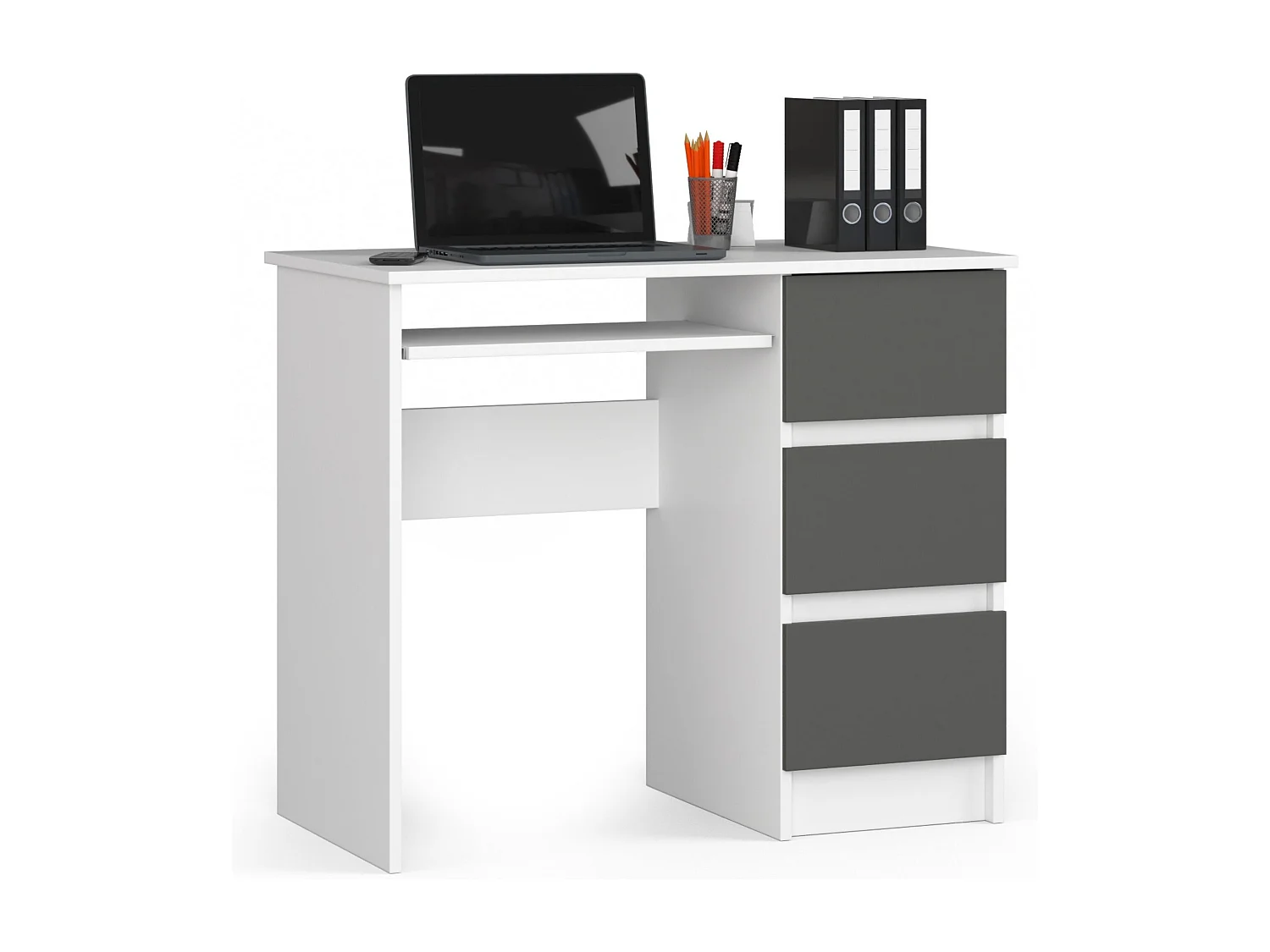 Rechts Computerdek 90cm met Witte en Grafietgrijze Afwerking - 3 Lades, Pro Design met Uitschuifbaar Toetsenbordplateau, Zelfmontage