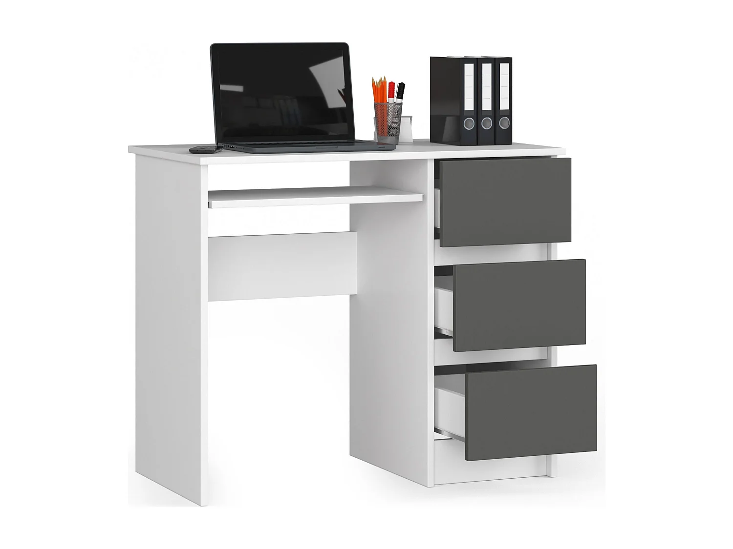 Rechts Computerdek 90cm met Witte en Grafietgrijze Afwerking - 3 Lades, Pro Design met Uitschuifbaar Toetsenbordplateau, Zelfmontage