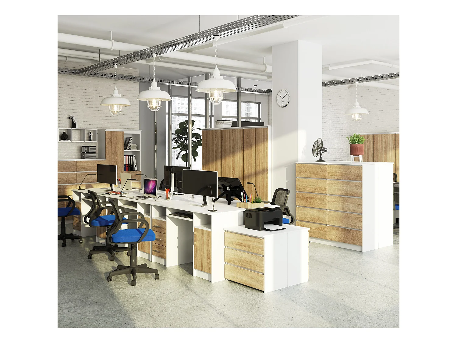 PC-Schreibtisch AKORD ANA in der Farbe Weiß mit 3 Schubladen Front Sonoma-Eiche und 5 Ablagen B124 x H74 x T52 cm