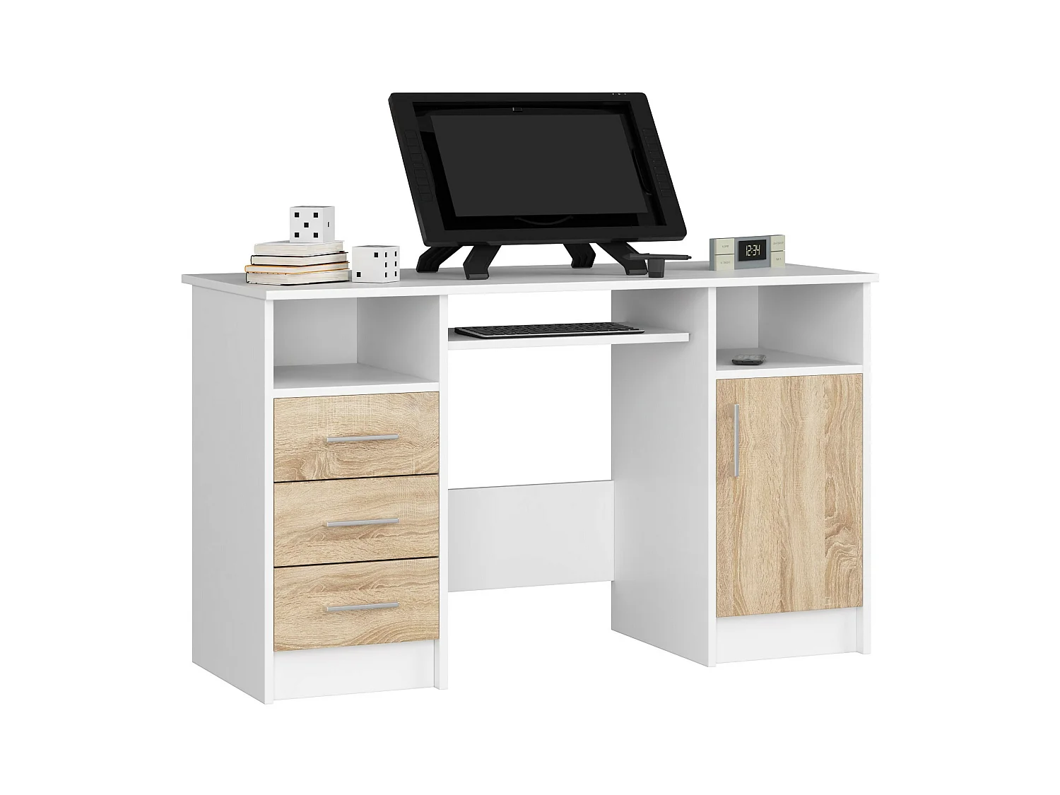 Bureau d'ordinateur AKORD ANA Blanc 124 cm 1 porte 3 tiroirs façade Chêne Sonoma 5 étagères 124x52x74 cm