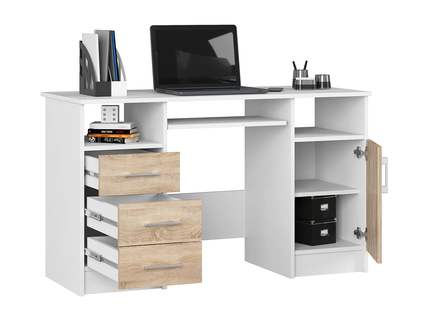 Bureau ANA met 3 Laden / Computerbureau / Computer Tafel / Bureautafel / Wit – Sonoma Eik / 124 x 77 x 52 cm