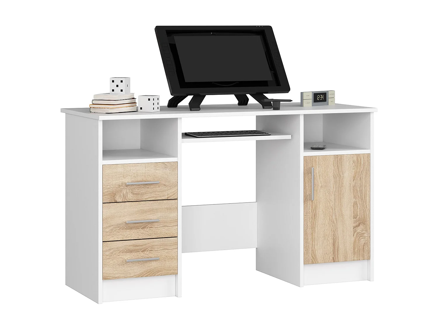 Bureau d'ordinateur AKORD ANA Blanc 124 cm 1 porte 3 tiroirs façade Chêne Sonoma 5 étagères 124x52x74 cm