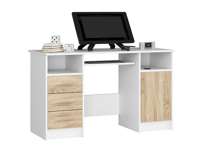 Bureau d'ordinateur AKORD ANA Blanc 124 cm 1 porte 3 tiroirs façade Chêne Sonoma 5 étagères 124x52x74 cm