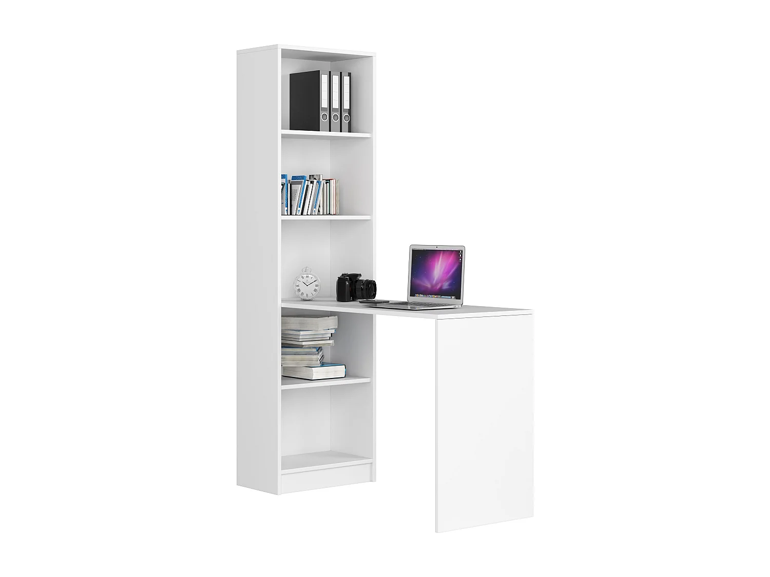 Ensemble bureau avec bibliothèque AKORD SMART Blanc 125 cm façade Blanche 5 étagères 125x50x180 cm