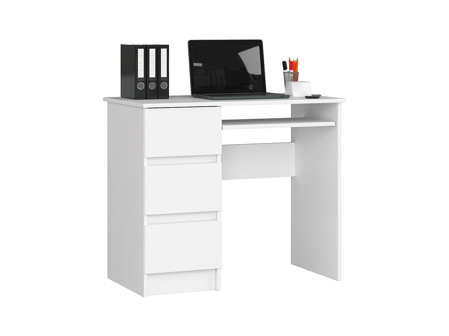 Bureau d'ordinateur AKORD gauche A6 Blanc 90 cm 3 tiroirs façade Blanche 1 étagère 90x50x77 cm