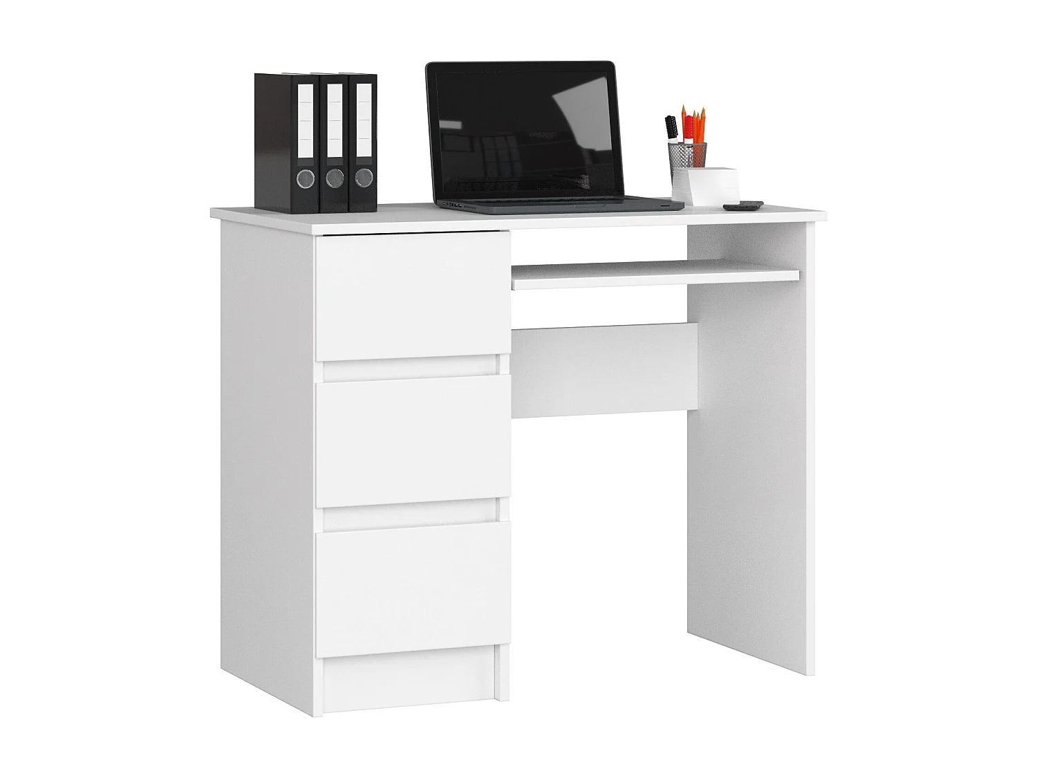 Bureau d'ordinateur AKORD gauche A6 Blanc 90 cm 3 tiroirs façade Blanche 1 étagère 90x50x77 cm