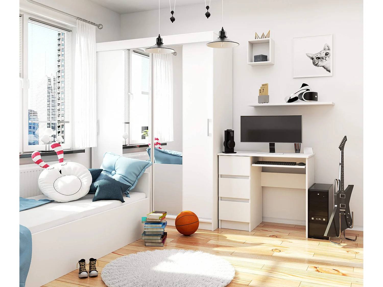 Bureau d'ordinateur AKORD gauche A6 Blanc 90 cm 3 tiroirs façade Blanche 1 étagère 90x50x77 cm