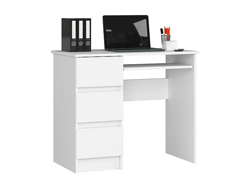 Bureau d'ordinateur AKORD gauche A6 Blanc 90 cm 3 tiroirs façade Blanche 1 étagère 90x50x77 cm