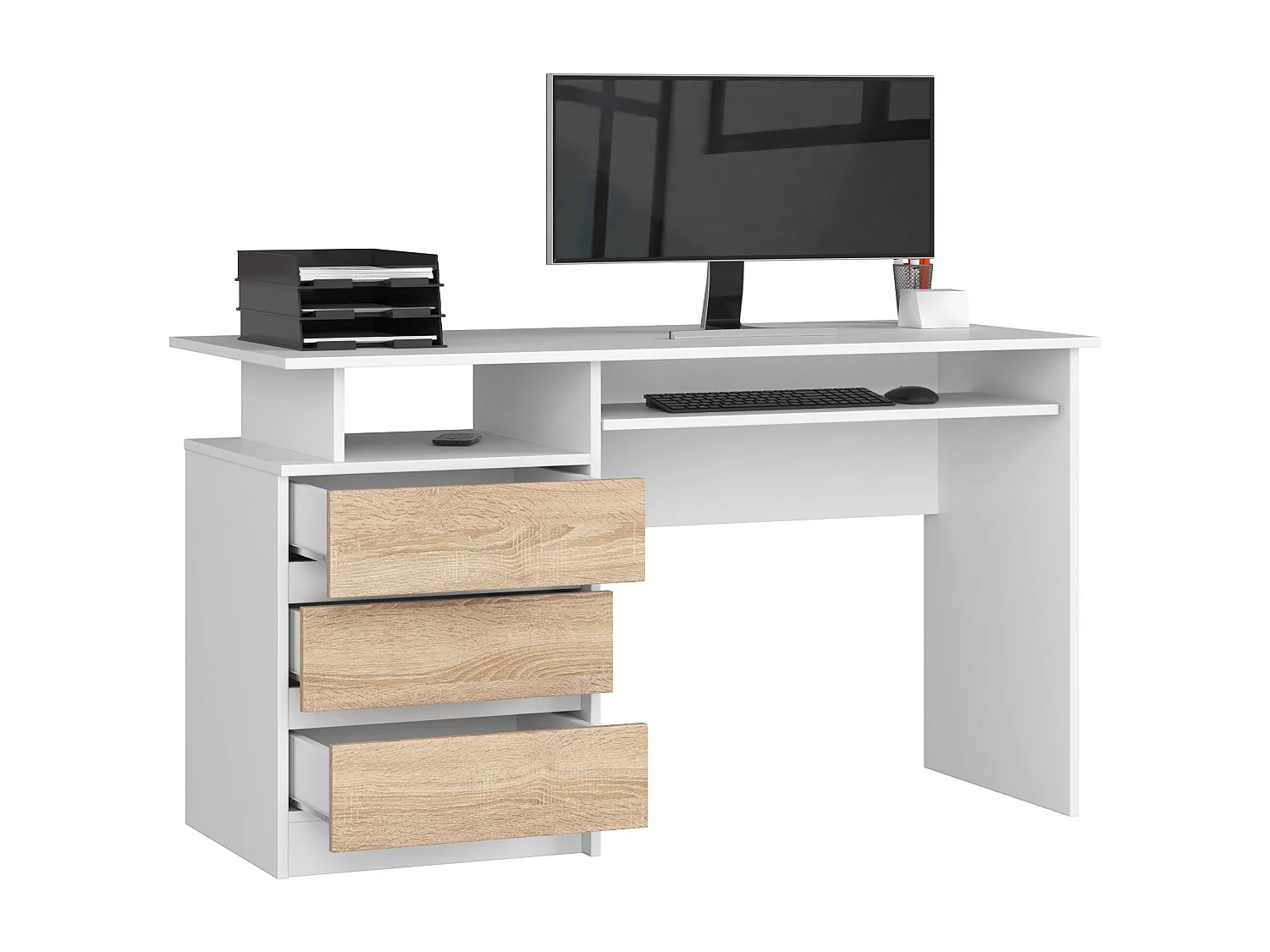 PC-Schreibtisch AKORD CLP in der Farbe Weiß mit 3 Schubladen Front Sonoma-Eiche und 2 Ablagen B135 x H77 x T60 cm