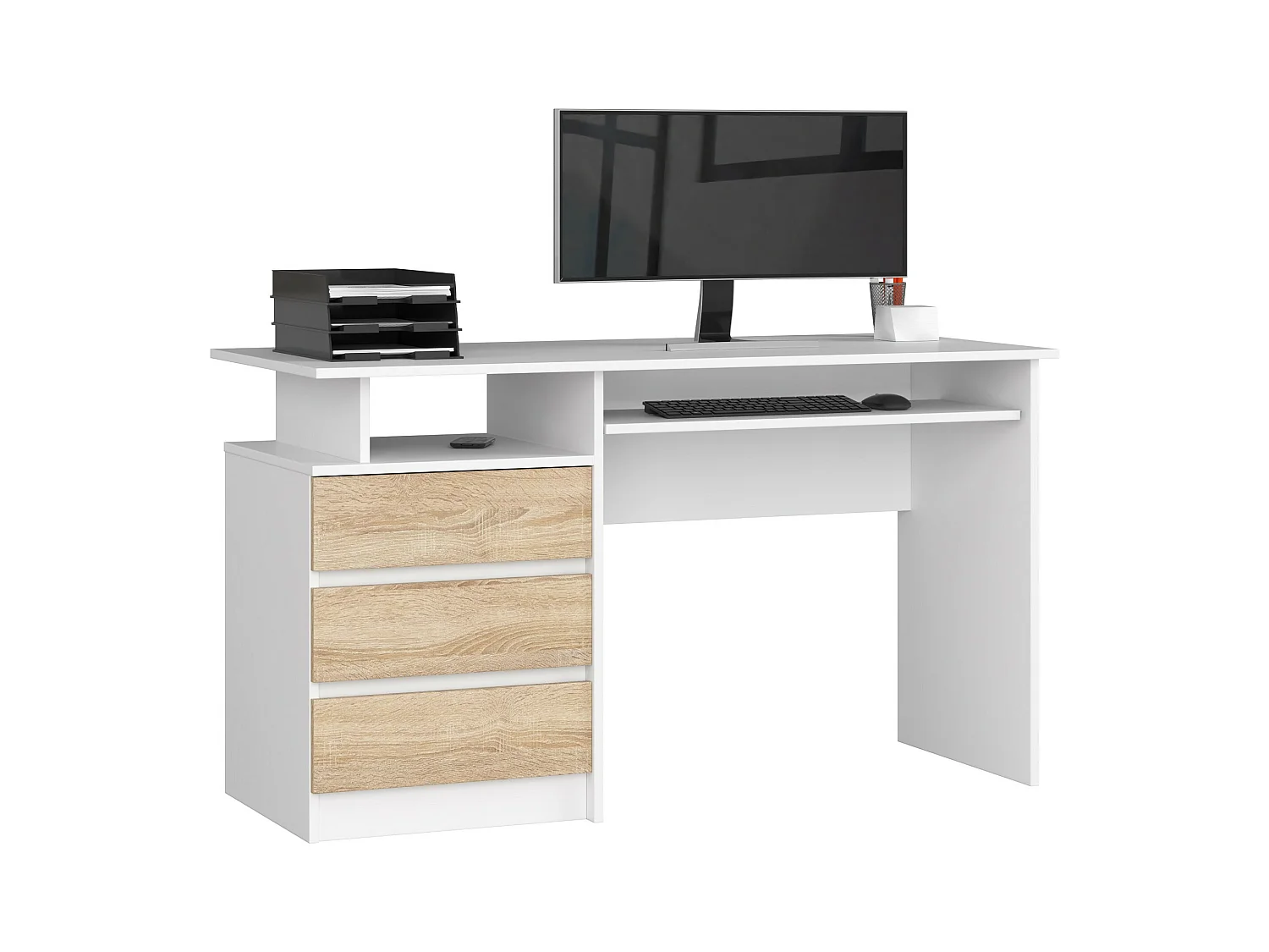 Bureau d'ordinateur AKORD CLP Blanc 135 cm 3 tiroirs façade Chêne Sonoma 2 étagères 135x60x77 cm