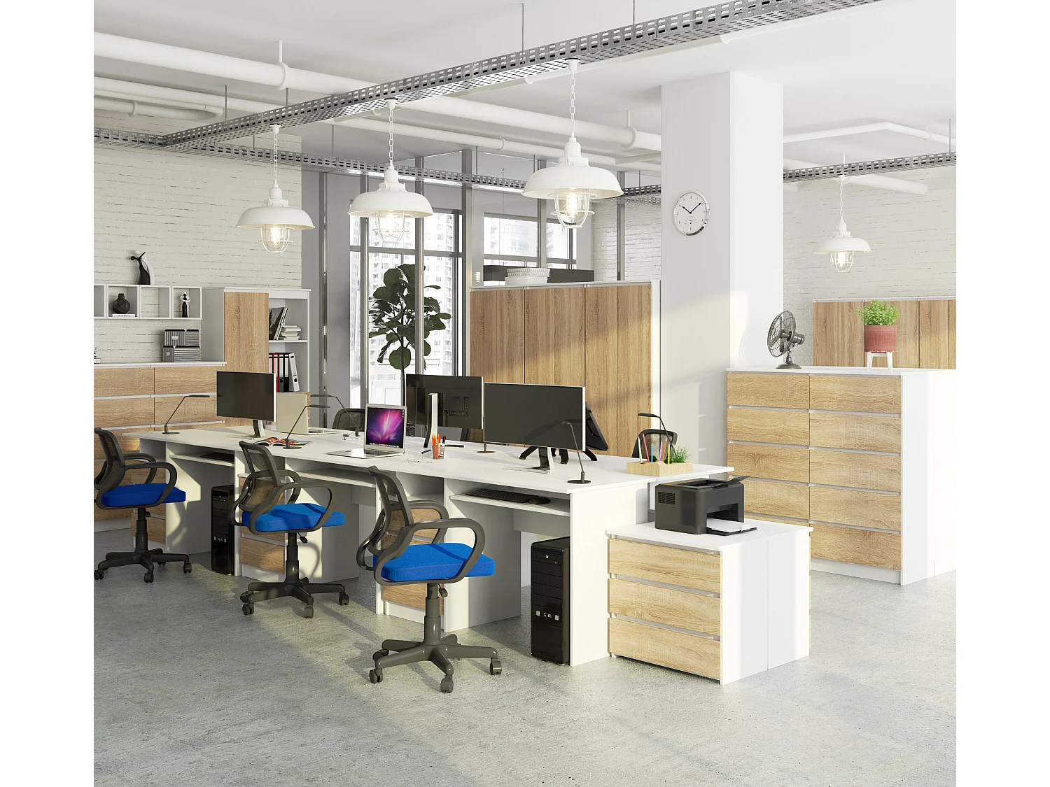 Bureau d'ordinateur AKORD CLP Blanc 135 cm 3 tiroirs façade Chêne Sonoma 2 étagères 135x60x77 cm