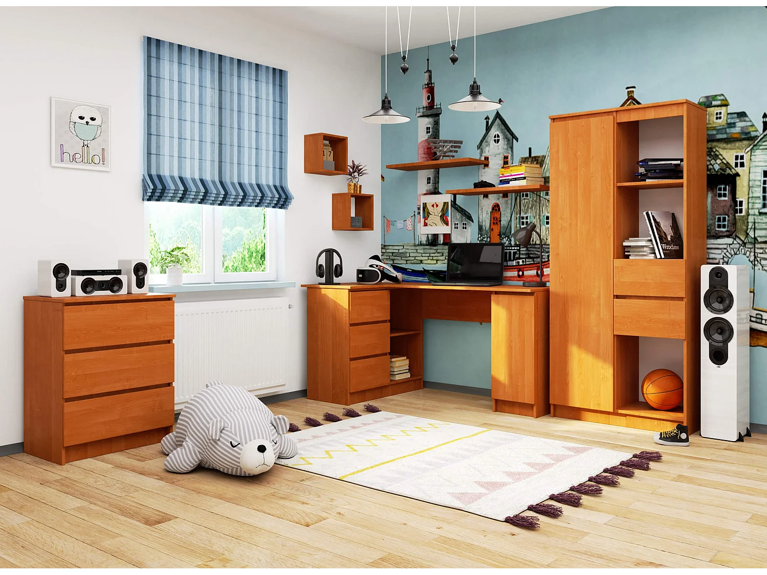 Biurko narożne AKORD B20 Olcha 155 cm lewe 1 drzwi 3 szuflady kolor Olcha mat 4 półki 155x85x77 cm