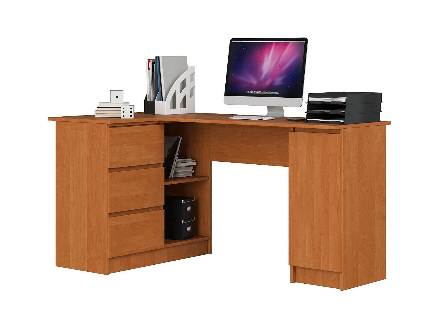 Grand bureau d'angle AKORD gauche B20 Aulne 155 cm 1 porte 3 tiroirs façade Aulne 4 étagères 155x85x77 cm