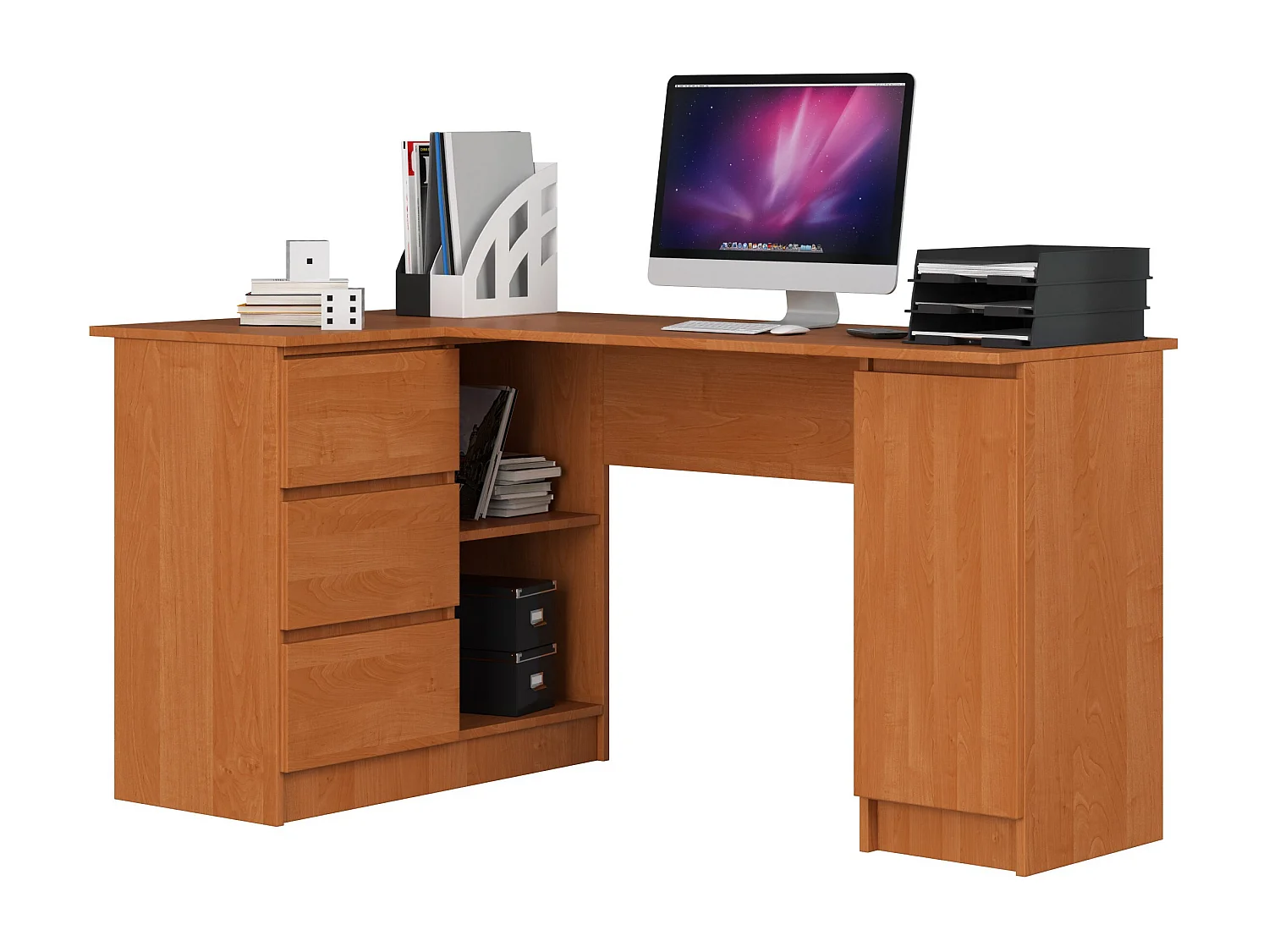 Grand bureau d'angle AKORD gauche B20 Aulne 155 cm 1 porte 3 tiroirs façade Aulne 4 étagères 155x85x77 cm