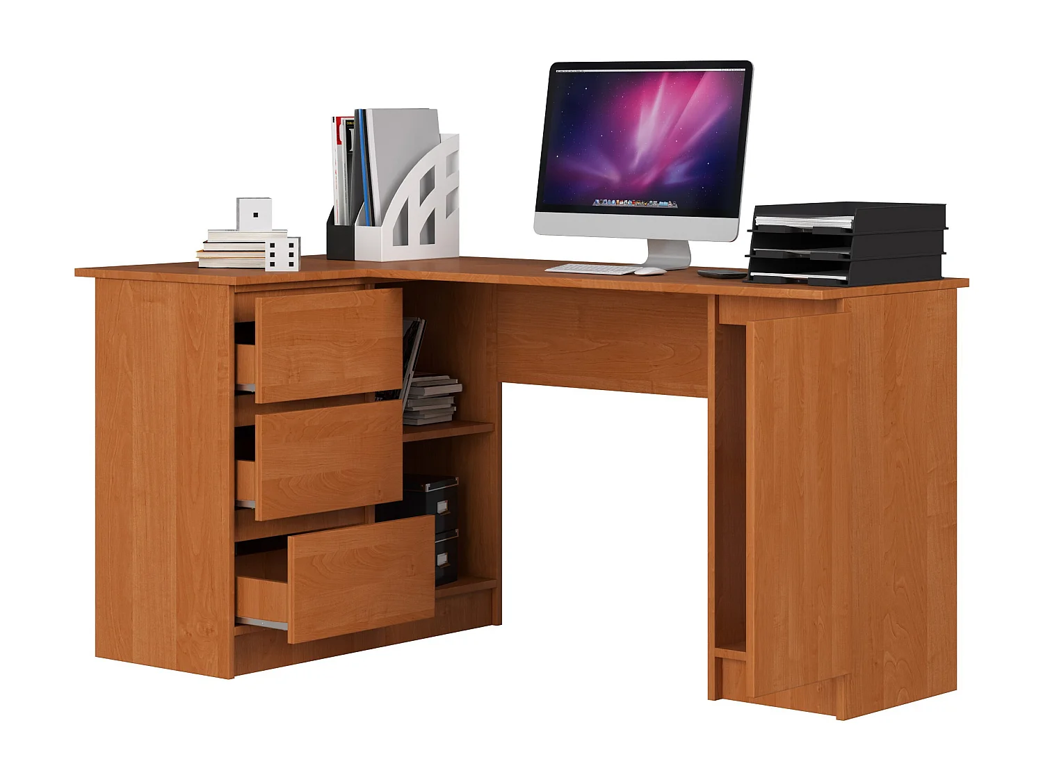 Grand bureau d'angle AKORD gauche B20 Aulne 155 cm 1 porte 3 tiroirs façade Aulne 4 étagères 155x85x77 cm