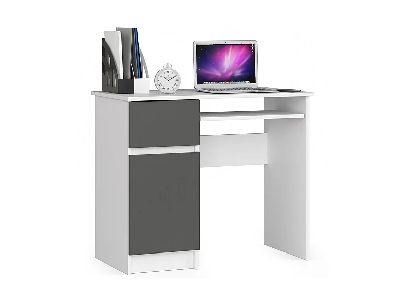 PC-Schreibtisch AKORD PIKSEL links in der Farbe Weiß Schublade Front Graphitgrau und 3 Ablagen B90 x H77 x T50 cm