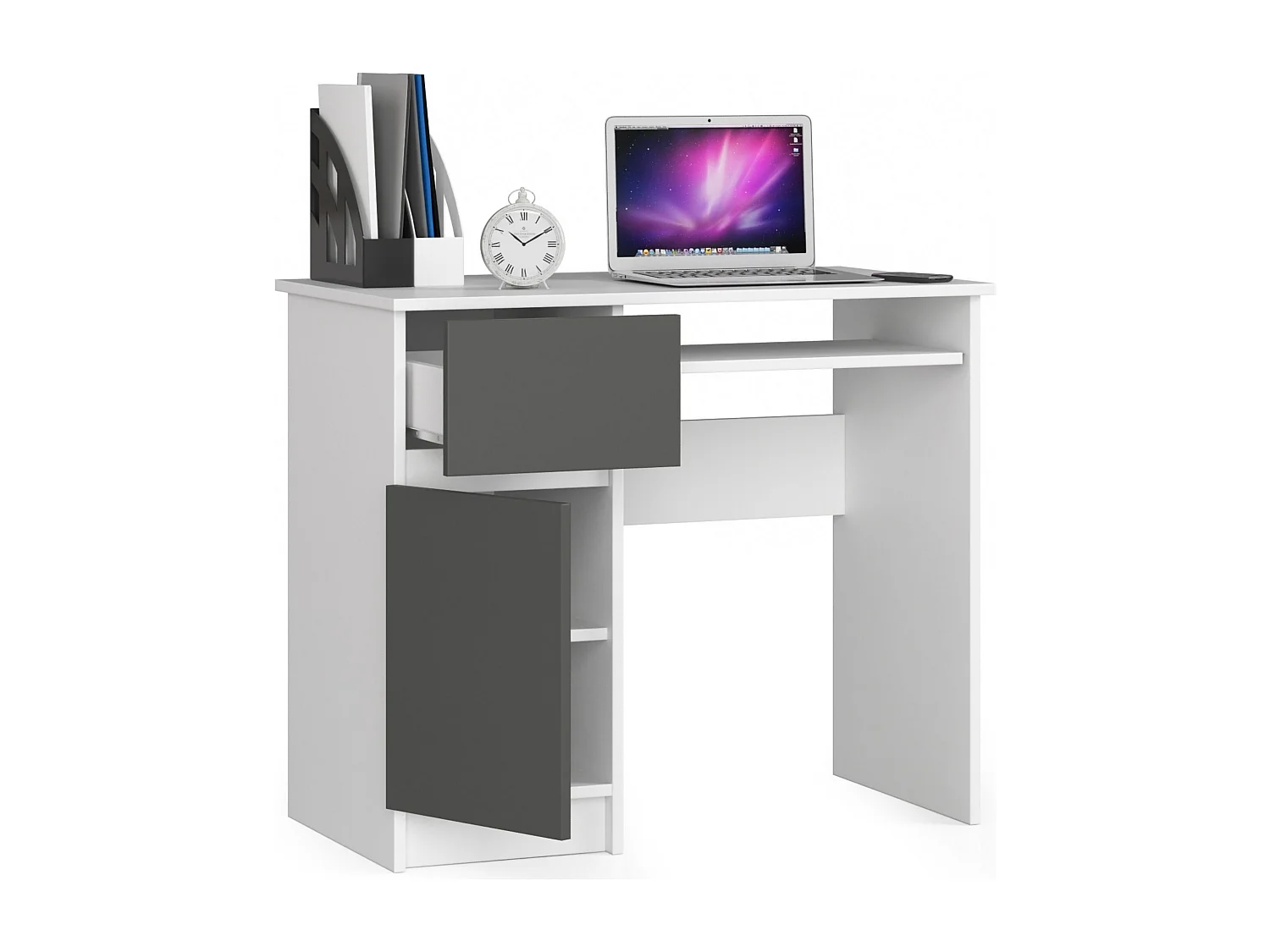 PC-Schreibtisch AKORD PIKSEL links in der Farbe Weiß Schublade Front Graphitgrau und 3 Ablagen B90 x H77 x T50 cm