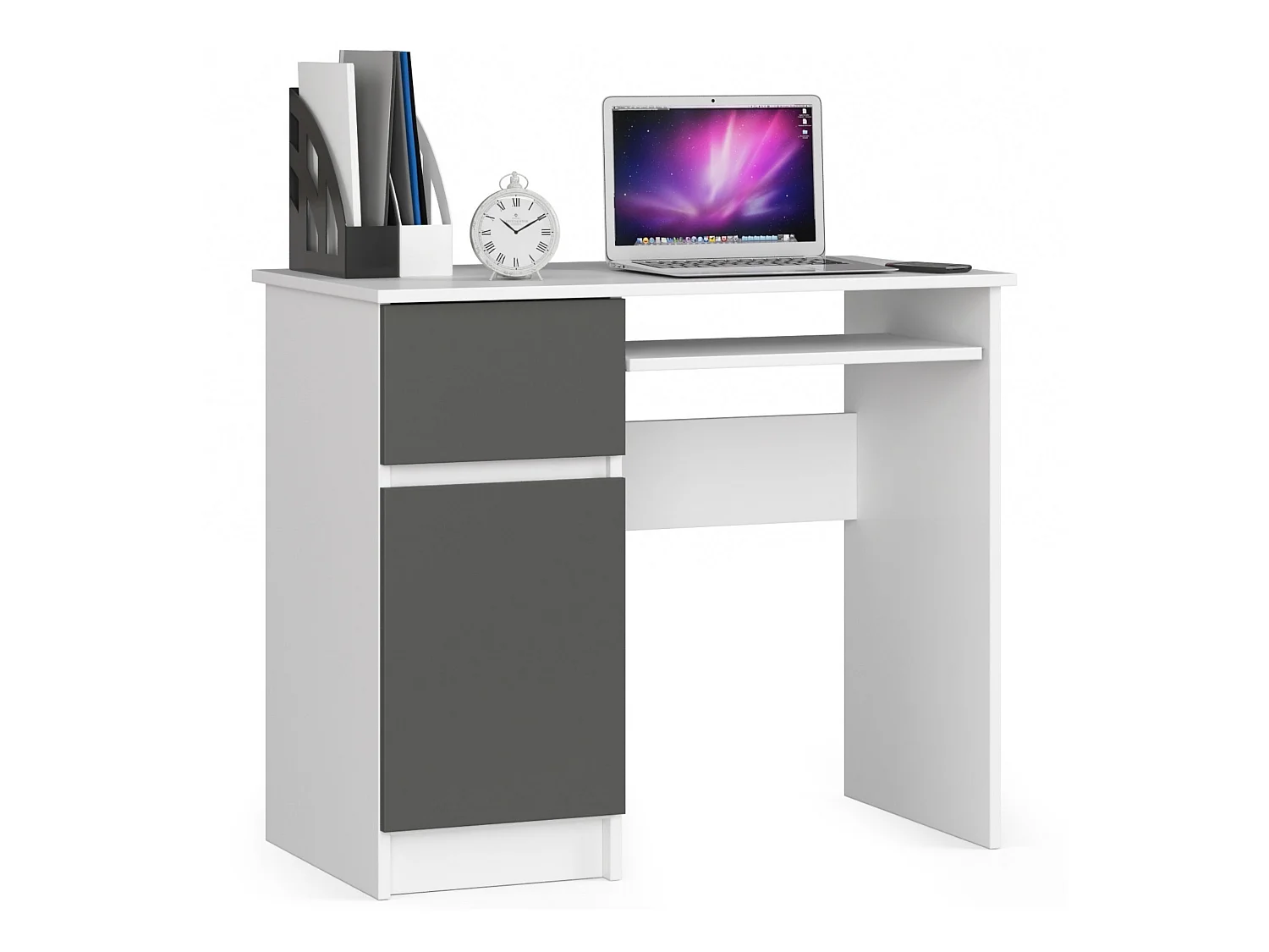 Bureau d'ordinateur AKORD gauche PIKSEL Blanc 90 cm 1 porte 1 tiroir façade Gris Graphite 3 étagères 90x50x77 cm